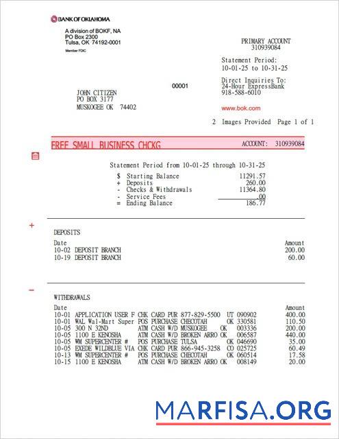 Blank USA Bank of Oklahoma account statement word download for verification